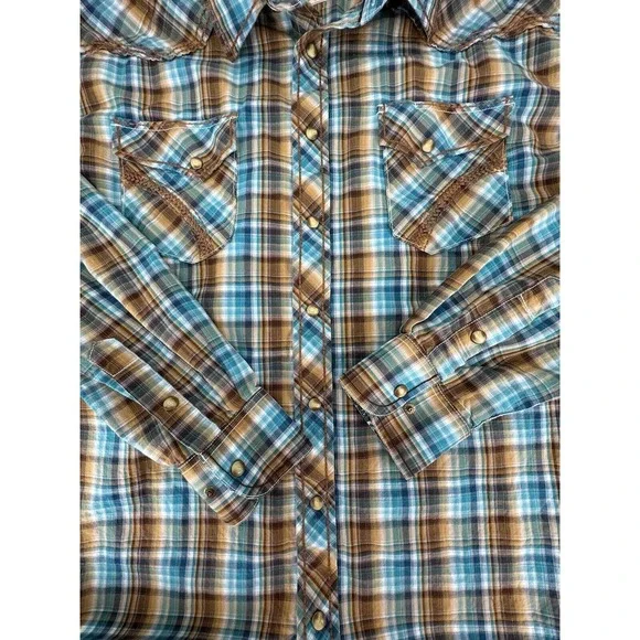 Panhandle Rough Stock XL Blue/Brown Plaid With Paisley Cuff Pearl Snap Shirt - Picture 8 of 8